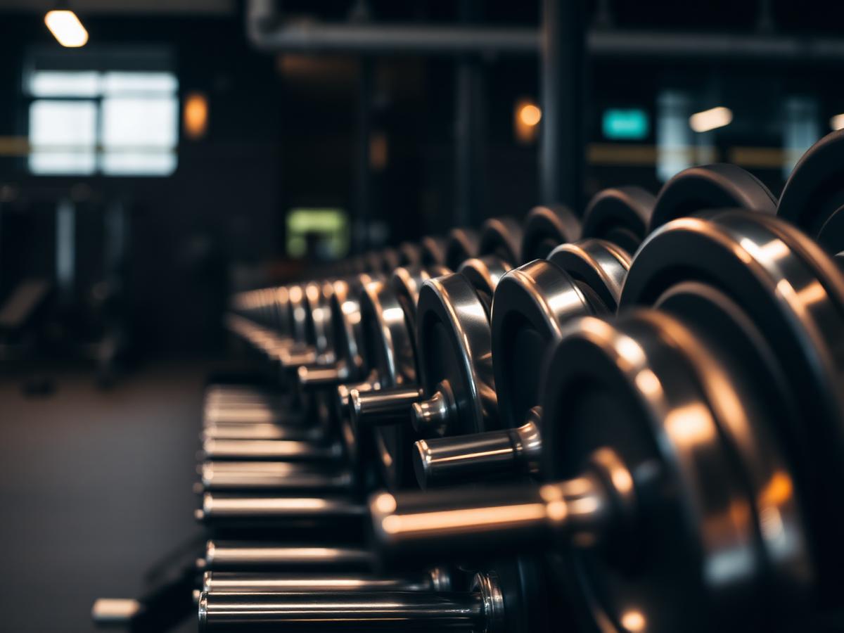 Row of chrome dumbbells on the FitCore training floor