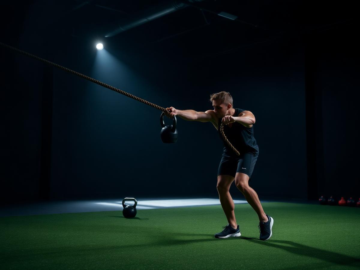 Athlete training with kettlebell and rope on the functional turf area