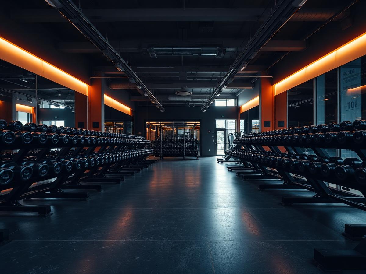 FitCore gym interior with dumbbell racks and warm accent lighting