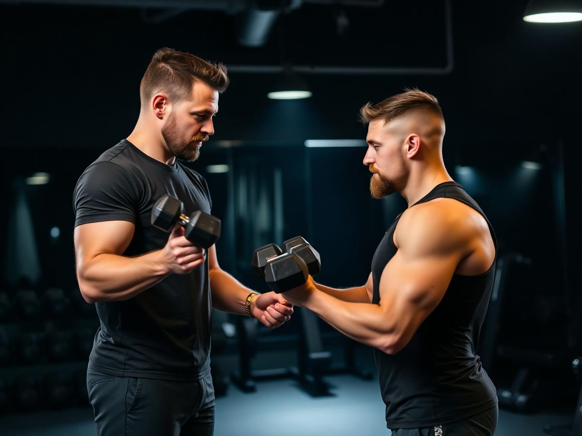 Trainer coaching a member through a dumbbell exercise