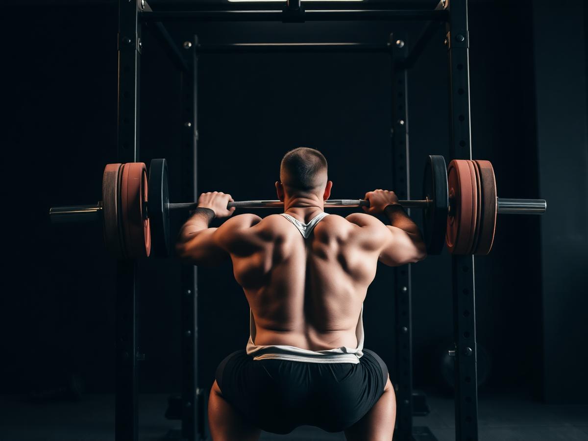 Member performing a barbell back squat in the squat rack